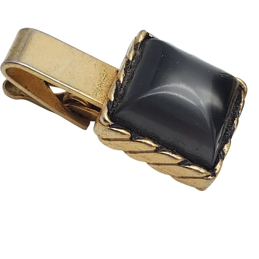 Dark Gray Square Cufflinks & Tie Clip Gold Tone Bar Clasp Faux Moonglow Vtg Set